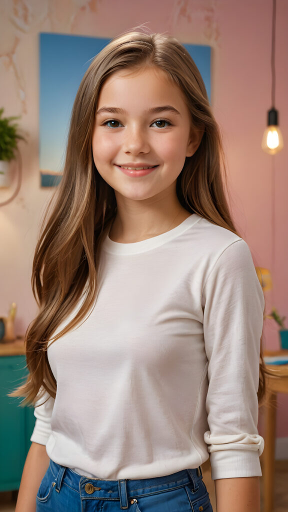 a beautiful, young teen girl, ((detailed and realistic straight hair)), ((detailed, realistic photo)) ((perfect curved body)) ((gorgeous)) ((stunning)) ((cute)), short crop shirt, enjoy her carefree life, she is smiling, posing