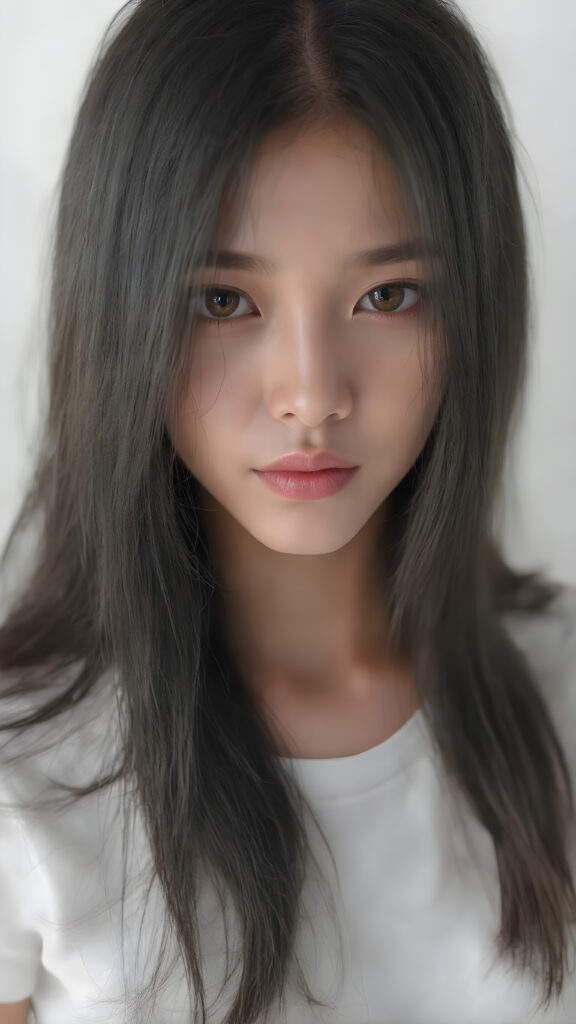 a beautiful, young Asian and Oriental teen girl, ((soft raven black jet straight hair)) ((detailed and realistic hair)), big round amber eyes, ((detailed, realistic photo)) ((perfect curved body)) ((gorgeous)) ((stunning)) ((cute)), she wears a white short t-shirt