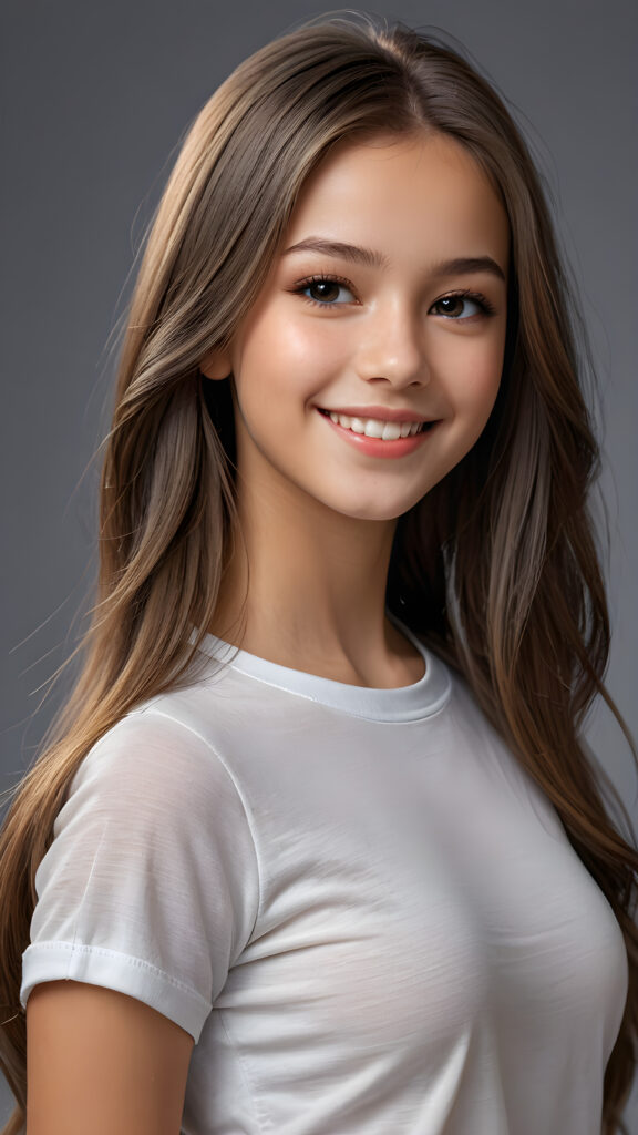 a beautiful, young teen girl, ((detailed and realistic straight hair)), ((detailed, realistic photo)) ((perfect curved body)) ((gorgeous)) ((stunning)) ((cute)), short crop shirt, enjoy her carefree life, she is smiling