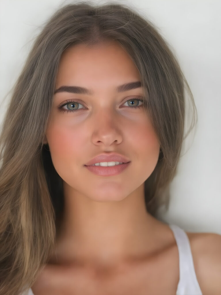 a beautiful, young, well busty girl, beautiful oval face, with soft jet straight hair, detailed and realistic hair, big round amber eyes, a stunning gaze with perfectly straight and white teeth, wearing a white short tank top, deep neck, with no wrinkles or design elements, looking confident and natural, ((stunning)) ((gorgeous)) ((detailed))