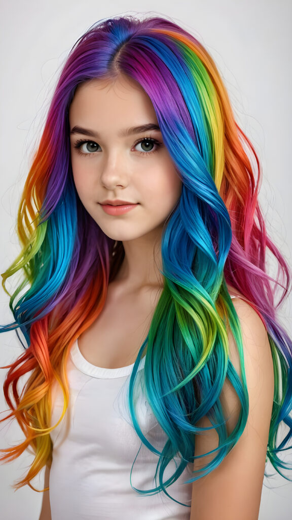 a beautiful, young teen girl, the ((hair in rainbow colors)) ((detailed and realistic hair)), ((detailed, realistic photo)) ((perfect curved body)) ((gorgeous)) ((stunning)) ((cute))