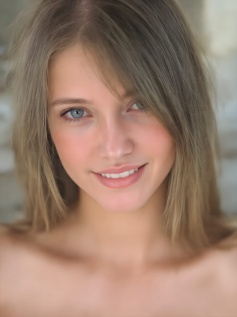 a beautiful, young, well busty girl, beautiful oval face, with soft jet straight hair, detailed and realistic hair, big round amber eyes, a stunning gaze with perfectly straight and white teeth, wearing a white short tank top, deep neck, with no wrinkles or design elements, looking confident and natural, ((stunning)) ((gorgeous)) ((detailed))