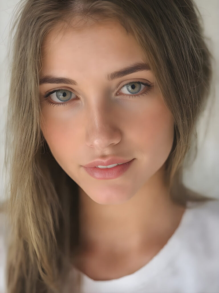 a beautiful, young, well busty girl, beautiful oval face, with soft jet straight hair, detailed and realistic hair, big round amber eyes, a stunning gaze with perfectly straight and white teeth, wearing a white short t-shirt with no wrinkles or design elements, looking confident and natural, ((stunning)) ((gorgeous)) ((detailed))