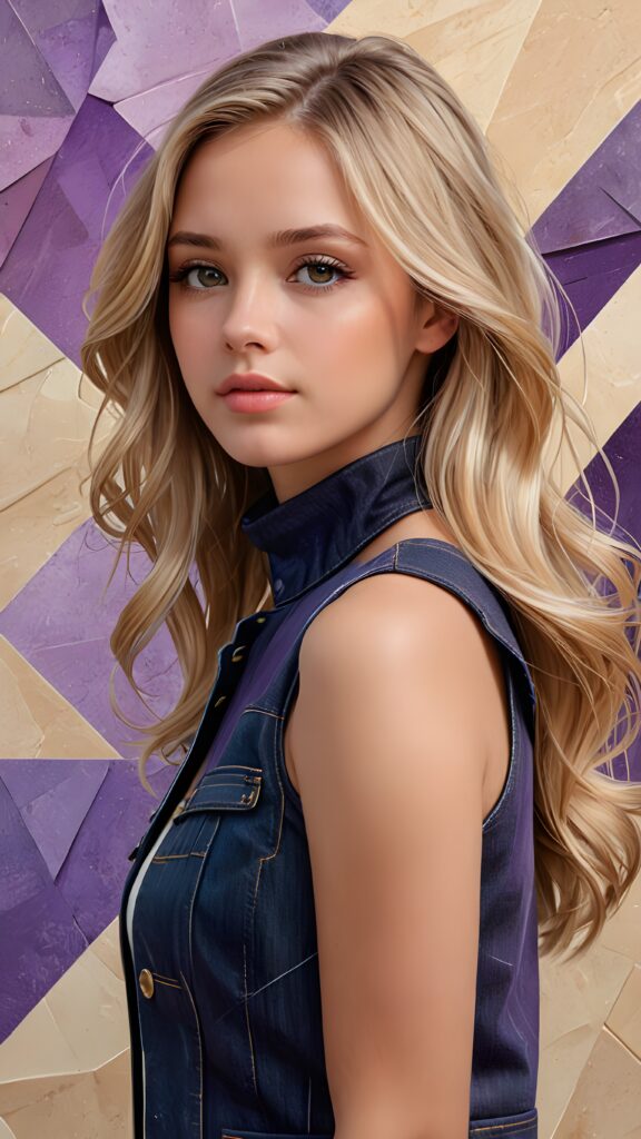 a beautiful young girl with long, flowing blonde hair and (((brown, sand-colored eyes))), dressed in a turtleneck black dress and a short, sleeveless denim jacket, standing in a (((side profile))), facing left, with a gently inclined head and a serene expression, framed by a backdrop of a (purple and black geometric pattern) in a digital drawing style