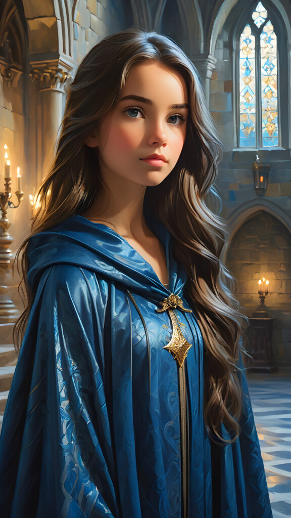 a beautiful young girl wears an enchanted blue cloak. She stands in a hall of a large castle. She has long, straight hair and looks sideways at the viewer. mystical light illuminates the room and creates a mysterious atmosphere.