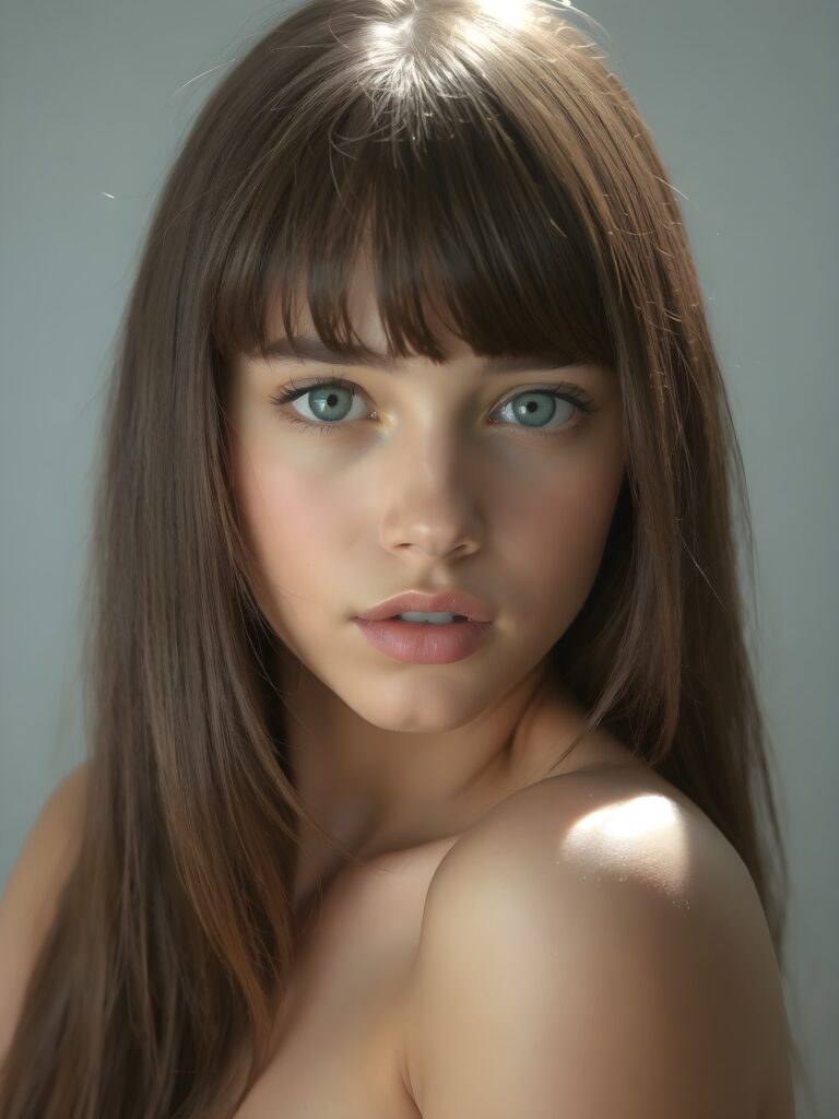 a beautiful young girl, ((jet soft straight hair, bangs frame her face)), ((full natural lips)), (((mouth slightly open))), ((seductive look)), glossy shiny tanned skin, (realistic shiny round light blue eyes), (((angelic face))), (perfect shadows), (light falls into the picture from the side, her hair reflect the light), (perfect curved body), she looks seductively at the viewer, (flawless skin), ((side view)) ((ultra realistic photo)) ((stunning)) ((gorgeous)) ((4k)) ((upper body)), all against a natural grey backsrop