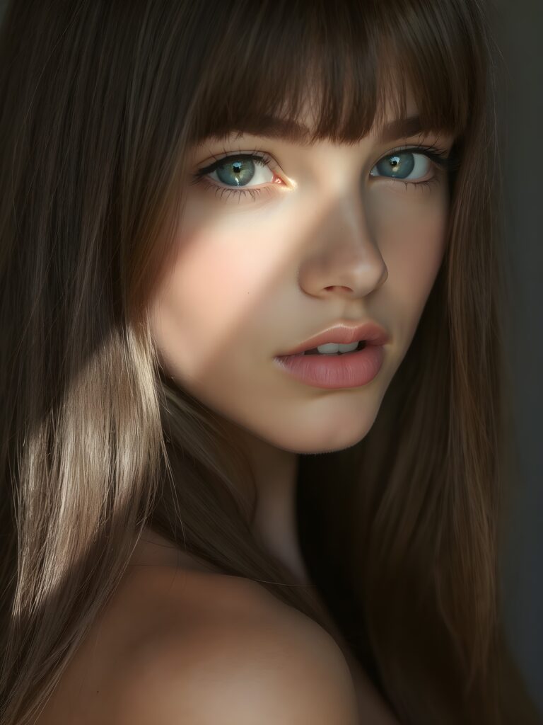 a beautiful young girl, ((jet soft straight hair, bangs frame her face)), ((full natural lips)), (((mouth slightly open))), ((seductive look)), glossy shiny tanned skin, (realistic shiny round light blue eyes), (((angelic face))), (perfect shadows), (light falls into the picture from the side, her hair reflect the light), (perfect curved body), she looks seductively at the viewer, (flawless skin), ((side view)) ((ultra realistic photo)) ((stunning)) ((gorgeous)) ((4k)) ((upper body)), all against a natural grey backsrop