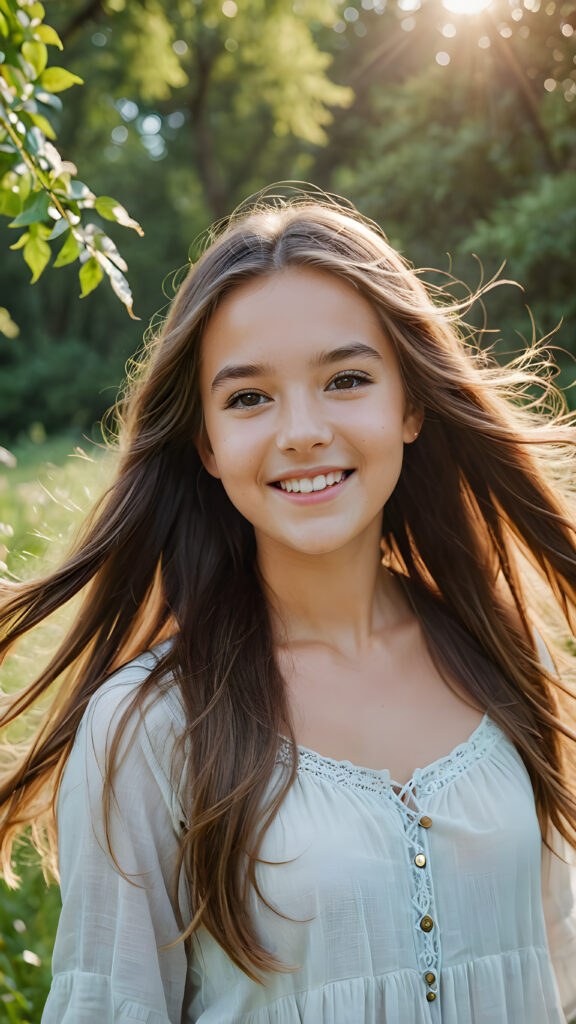 a beautiful young teen girl with straght, flowing long soft hair, in joy, summer and surrounded by nature