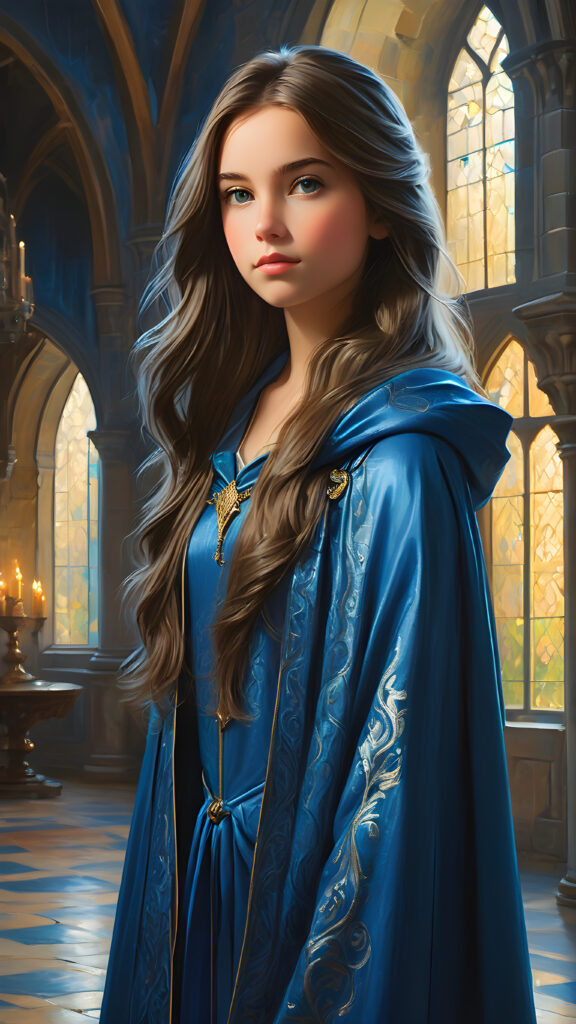 a beautiful young girl wears an enchanted blue cloak. She stands in a hall of a large castle. She has long, straight hair and looks sideways at the viewer. mystical light illuminates the room and creates a mysterious atmosphere.