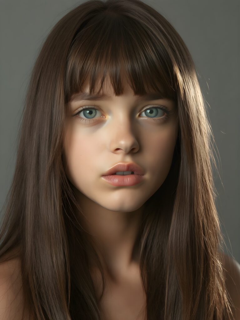 a beautiful young girl, 14 years old, ((jet soft straight hair, bangs frame her face)), ((full natural lips)), (((mouth slightly open))), ((seductive look)), glossy shiny tanned skin, (realistic shiny round light blue eyes), (((angelic face))), (perfect shadows), (light falls into the picture from the side, her hair reflect the light), (perfect curved body), she looks seductively at the viewer, (flawless skin), ((side view)) ((ultra realistic photo)) ((stunning)) ((gorgeous)) ((4k)) ((upper body)), all against a natural grey backsrop