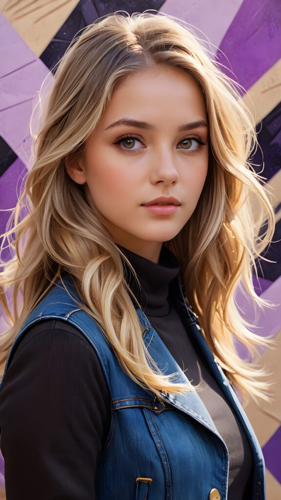 a beautiful young girl with long, flowing blonde hair and (((brown, sand-colored eyes))), dressed in a turtleneck black dress and a short, sleeveless denim jacket, standing in a (((side profile))), facing left, with a gently inclined head and a serene expression, framed by a backdrop of a (purple and black geometric pattern) in a digital drawing style