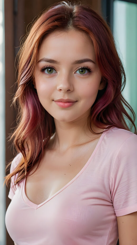 a beautiful young and delicate busty teen girl wears a ((thin pink t-shirt with a deep neckline)), she looks seductively at the viewer and has thin, ((red silky smooth beautiful jet hair that falls over her upper body)), she smiles a little and has her mouth slightly open, (she has flawless, soft and smooth skin), ((green eyes)), view from the side ((stunning)) ((gorgeous))