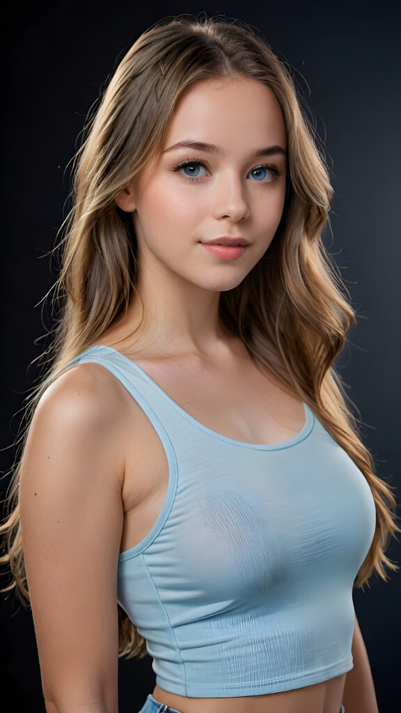 a beautiful young teenage girl, she has full lips and her mouth is slightly open ready to kiss, white teeth, she has (((detailed straight long jet soft hair))) (her hair falls on her shoulders), and (realistic light blue eyes), ((angelic face)), she wears a form-fitting thin cropped tank top that support her perfect curvy fit body, black background, perfect shadows, weak light falls into the picture from the side