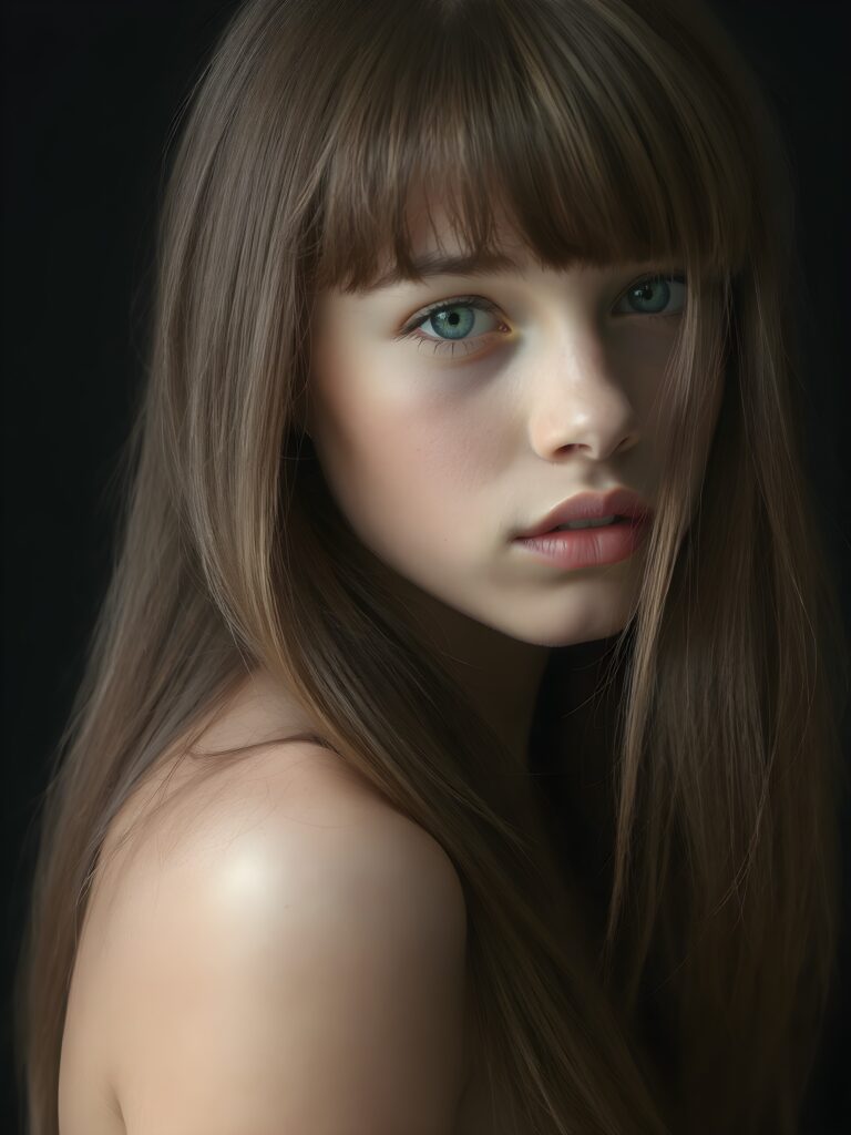 a beautiful young girl, 14 years old, ((jet soft straight hair, bangs frame her face)), ((full natural lips)), (((mouth slightly open))), ((seductive look)), glossy shiny tanned skin, (realistic shiny round light blue eyes), (((angelic face))), black background, (perfect shadows), (light falls into the picture from the side), (perfect curved body), she looks seductively at the viewer, (flawless skin), ((side view)) ((ultra realistic photo)) ((stunning)) ((gorgeous)) ((4k)) ((upper body)), all against a natural grey backtrop