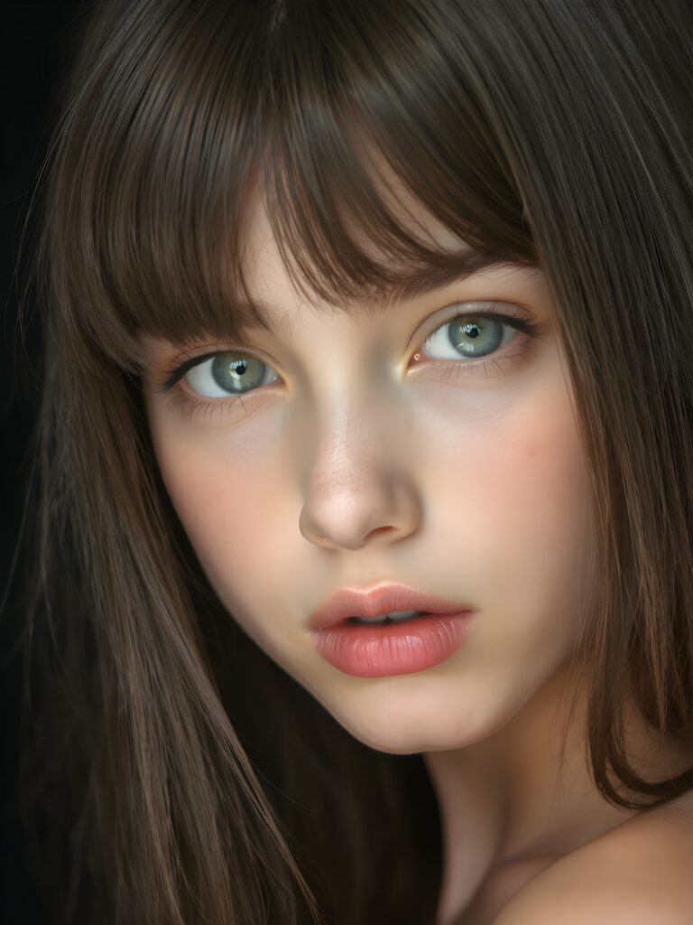 a beautiful young girl, 14 years old, ((jet soft straight hair, bangs frame her face)), ((full natural lips)), (((mouth slightly open))), ((seductive look)), glossy shiny tanned skin, (realistic shiny round light blue eyes), (((angelic face))), black background, (perfect shadows), (light falls into the picture from the side), (perfect curved body), she looks seductively at the viewer, (flawless skin), ((side view)) ((ultra realistic photo)) ((stunning)) ((gorgeous)) ((4k)) ((upper body)), all against a natural grey backtrop