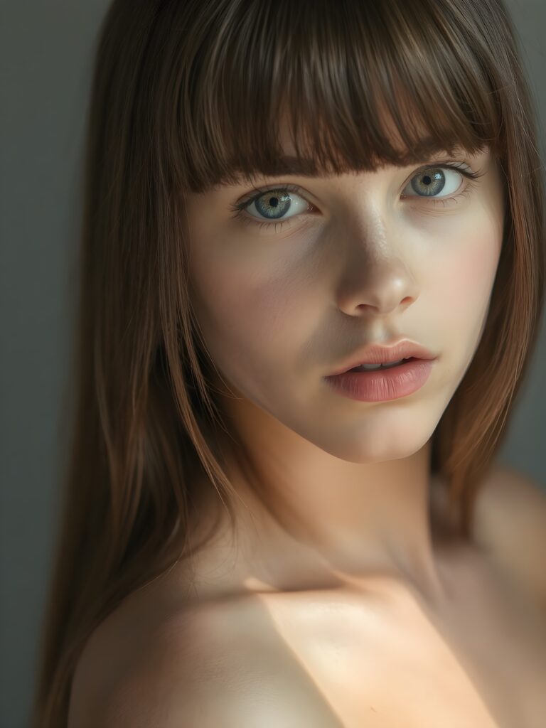 a beautiful young girl, 14 years old, ((jet soft straight hair, bangs frame her face)), ((full natural lips)), (((mouth slightly open))), ((seductive look)), glossy shiny tanned skin, (realistic shiny round light blue eyes), (((angelic face))), (perfect shadows), (light falls into the picture from the side, her hair reflect the light), (perfect curved body), she looks seductively at the viewer, (flawless skin), ((side view)) ((ultra realistic photo)) ((stunning)) ((gorgeous)) ((4k)) ((upper body)), all against a natural grey backsrop