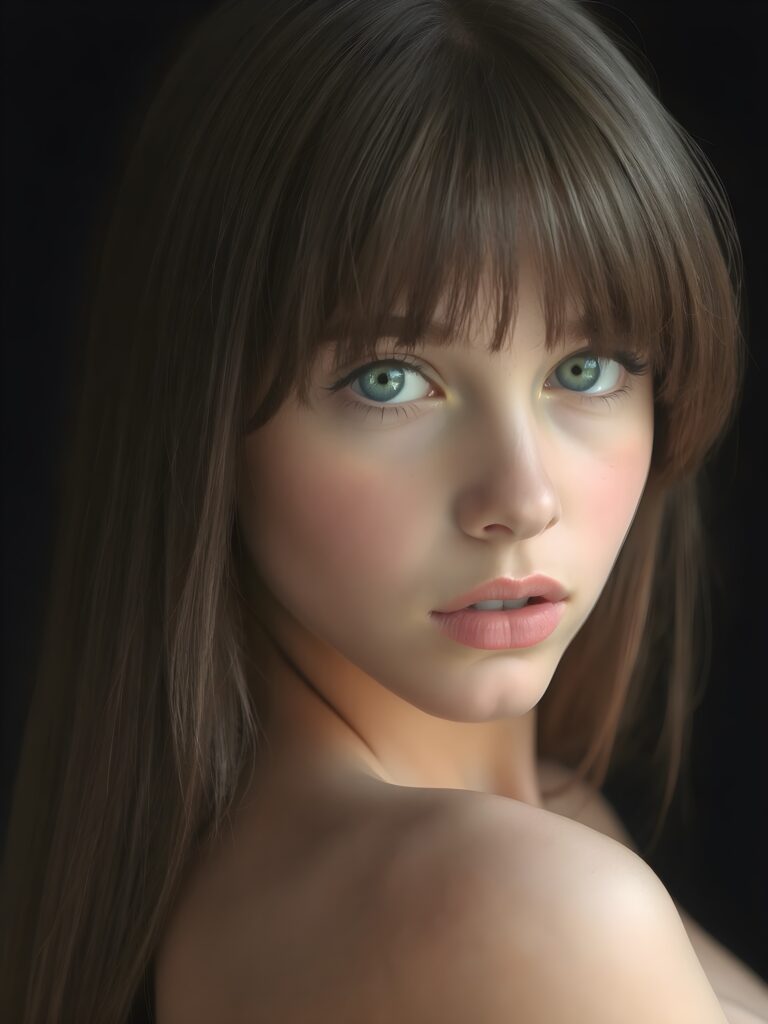 a beautiful young girl, 14 years old, ((jet soft straight hair, bangs frame her face)), ((full natural lips)), (((mouth slightly open))), ((seductive look)), glossy shiny tanned skin, (realistic shiny round light blue eyes), (((angelic face))), black background, (perfect shadows), (light falls into the picture from the side), (perfect curved body), she looks seductively at the viewer, (flawless skin), ((side view)) ((ultra realistic photo)) ((stunning)) ((gorgeous)) ((4k)) ((upper body)), all against a natural grey backtrop