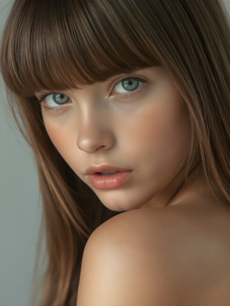 a beautiful young girl, 14 years old, ((jet soft straight hair, bangs frame her face)), ((full natural lips)), (((mouth slightly open))), ((seductive look)), glossy shiny tanned skin, (realistic shiny round light blue eyes), (((angelic face))), (perfect shadows), (light falls into the picture from the side, her hair reflect the light), (perfect curved body), she looks seductively at the viewer, (flawless skin), ((side view)) ((ultra realistic photo)) ((stunning)) ((gorgeous)) ((4k)) ((upper body)), all against a natural grey backsrop