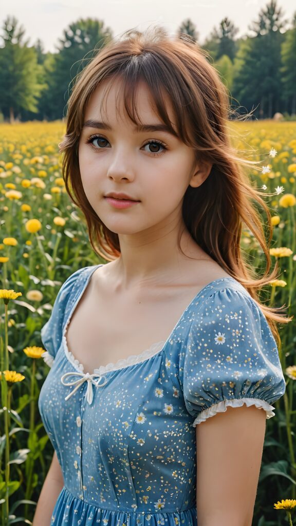 a beautiful young girl, in the yellow dandelion field, detailed face with rosy cheeks brown soft hair with bangs, in white and blue shade dress, full view