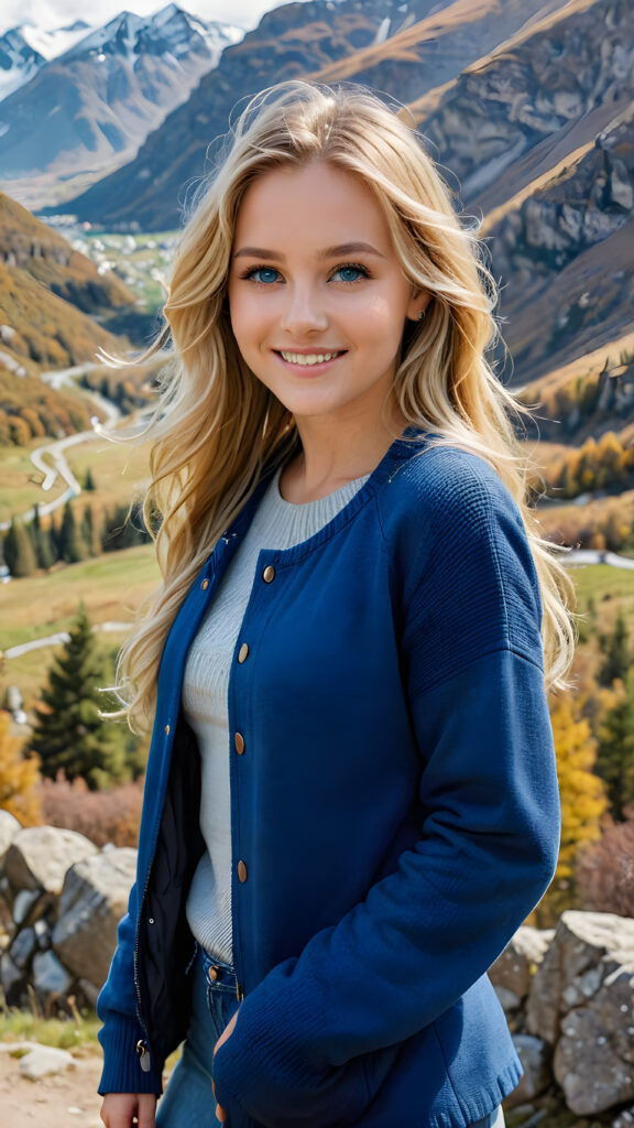 a beautiful you girl with long blonde hair and blue eyes, beautiful smile, she wears a blue jacket over the short tank top, her long hair slightly flows down her shoulders, she stands in a beautiful mountainous landscape