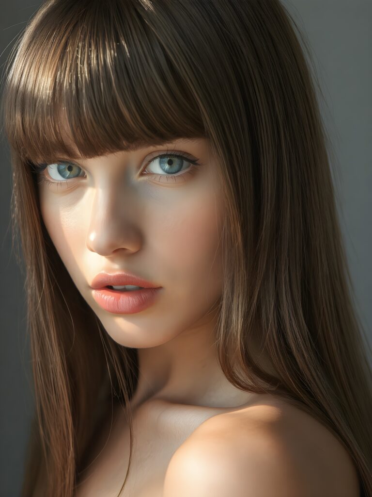 a beautiful young girl, ((jet soft straight hair, bangs frame her face)), ((full natural lips)), (((mouth slightly open))), ((seductive look)), glossy shiny tanned skin, (realistic shiny round light blue eyes), (((angelic face))), (perfect shadows), (light falls into the picture from the side, her hair reflect the light), (perfect curved body), she looks seductively at the viewer, (flawless skin), ((side view)) ((ultra realistic photo)) ((stunning)) ((gorgeous)) ((4k)) ((upper body)), all against a natural grey backsrop