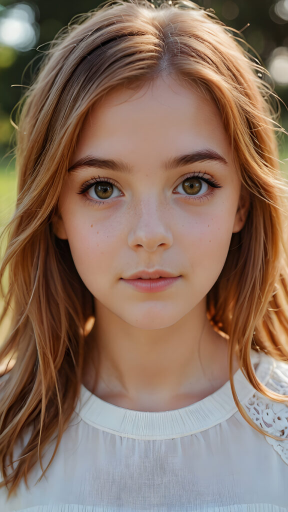 a beautiful young teen girl with amber hair and big saucer eyes looks sweetly into the camera