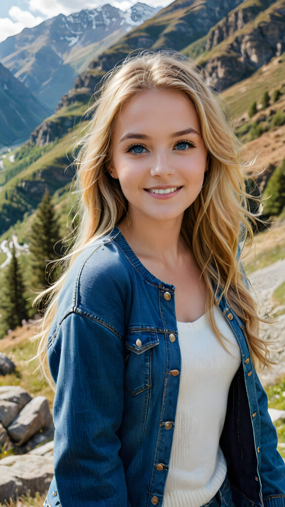 a beautiful you girl with long blonde hair and blue eyes, beautiful smile, she wears a blue jacket over the short tank top, her long hair slightly flows down her shoulders, she stands in a beautiful mountainous landscape