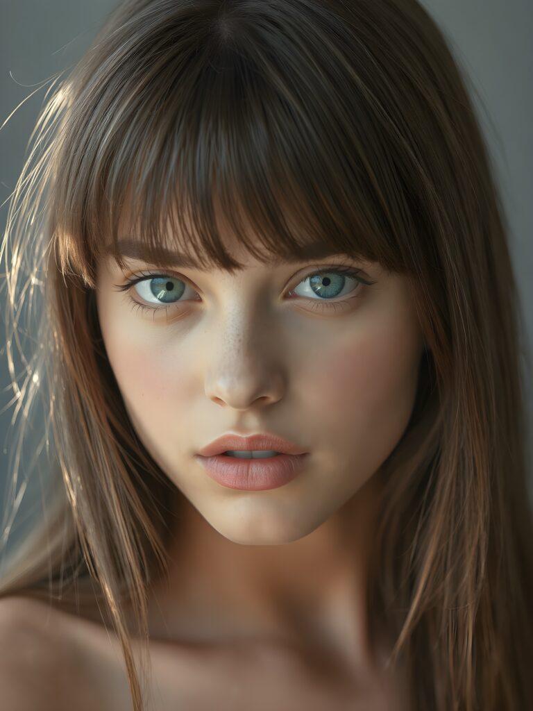 a beautiful young girl, ((jet soft straight hair, bangs frame her face)), ((full natural lips)), (((mouth slightly open))), ((seductive look)), glossy shiny tanned skin, (realistic shiny round light blue eyes), (((angelic face))), (perfect shadows), (light falls into the picture from the side, her hair reflect the light), (perfect curved body), she looks seductively at the viewer, (flawless skin), ((side view)) ((ultra realistic photo)) ((stunning)) ((gorgeous)) ((4k)) ((upper body)), all against a natural grey backsrop