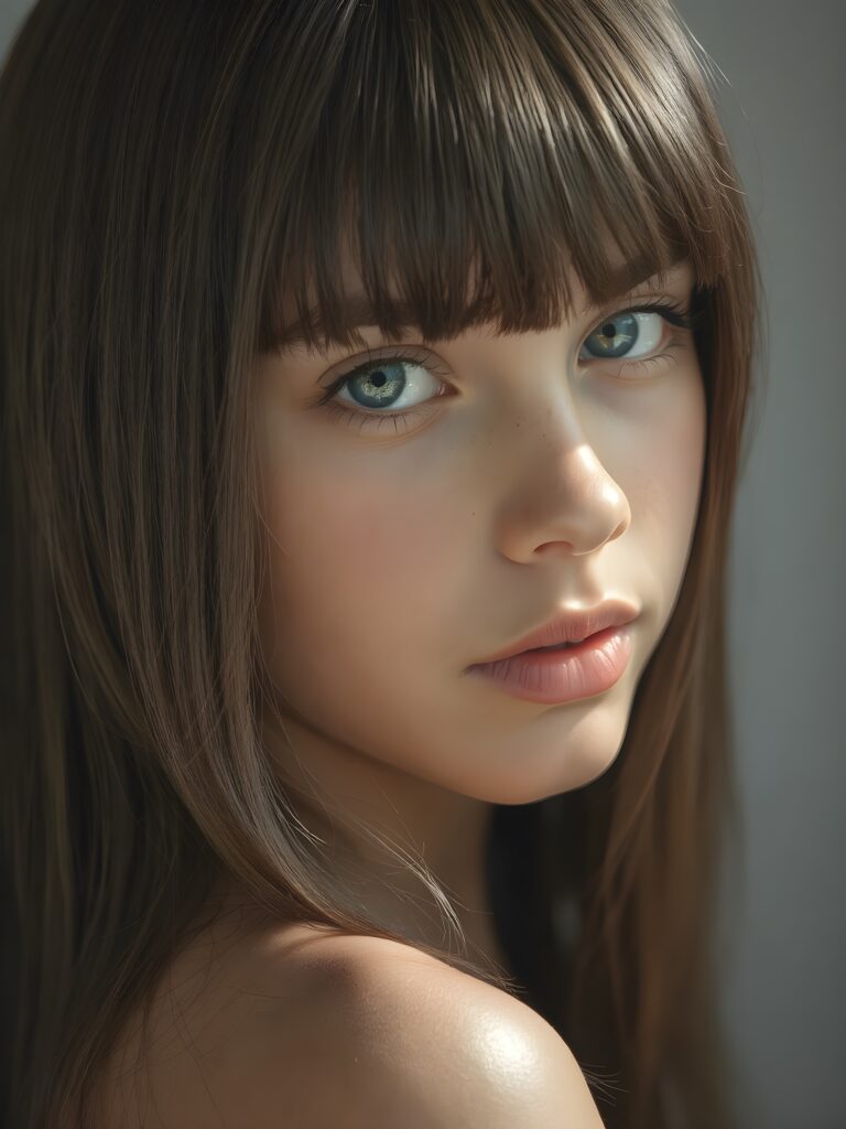 a beautiful young girl, 14 years old, ((jet soft straight hair, bangs frame her face)), ((full natural lips)), (((mouth slightly open))), ((seductive look)), glossy shiny tanned skin, (realistic shiny round light blue eyes), (((angelic face))), (perfect shadows), (light falls into the picture from the side, her hair reflect the light), (perfect curved body), she looks seductively at the viewer, (flawless skin), ((side view)) ((ultra realistic photo)) ((stunning)) ((gorgeous)) ((4k)) ((upper body)), all against a natural grey backsrop