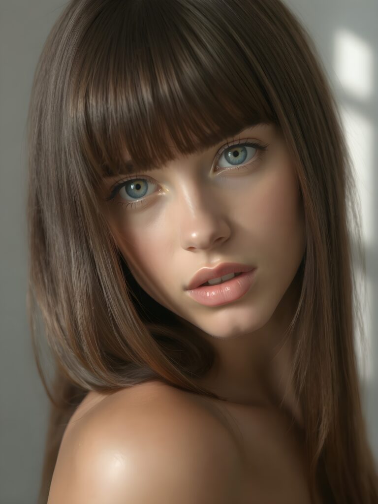 a beautiful young girl, ((jet soft straight hair, bangs frame her face)), ((full natural lips)), (((mouth slightly open))), ((seductive look)), glossy shiny tanned skin, (realistic shiny round light blue eyes), (((angelic face))), (perfect shadows), (light falls into the picture from the side, her hair reflect the light), (perfect curved body), she looks seductively at the viewer, (flawless skin), ((side view)) ((ultra realistic photo)) ((stunning)) ((gorgeous)) ((4k)) ((upper body)), all against a natural grey backsrop