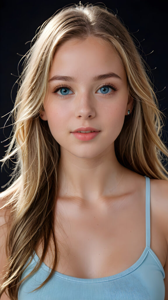 a beautiful young teenage girl, she has full lips and her mouth is slightly open ready to kiss, white teeth, she has (((detailed straight long jet soft hair))) (her hair falls on her shoulders), and (realistic light blue eyes), ((angelic face)), she wears a form-fitting thin cropped tank top that support her perfect curvy fit body, black background, perfect shadows, weak light falls into the picture from the side