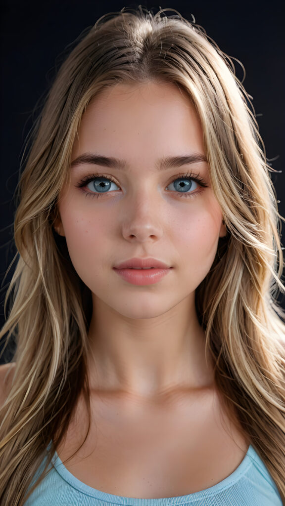 a beautiful young teenage girl, she has full lips and her mouth is slightly open ready to kiss, white teeth, she has (((detailed straight long jet soft hair))) (her hair falls on her shoulders), and (realistic light blue eyes), ((angelic face)), she wears a form-fitting thin cropped tank top that support her perfect curvy fit body, black background, perfect shadows, weak light falls into the picture from the side