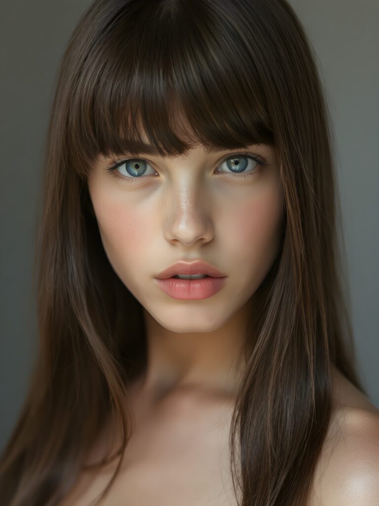 a beautiful young girl, 14 years old, ((jet soft straight hair, bangs frame her face)), ((full natural lips)), (((mouth slightly open))), ((seductive look)), glossy shiny tanned skin, (realistic shiny round light blue eyes), (((angelic face))), (perfect shadows), (light falls into the picture from the side, her hair reflect the light), (perfect curved body), she looks seductively at the viewer, (flawless skin), ((side view)) ((ultra realistic photo)) ((stunning)) ((gorgeous)) ((4k)) ((upper body)), all against a natural grey backsrop