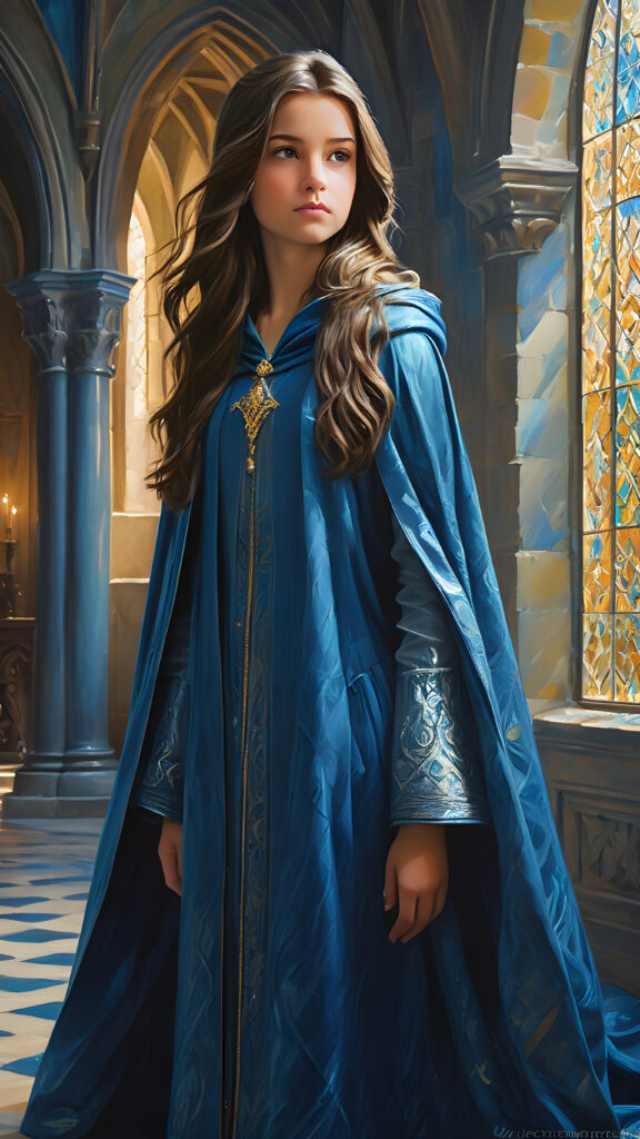 a beautiful young girl wears an enchanted blue cloak. She stands in a hall of a large castle. She has long, straight hair and looks sideways at the viewer. mystical light illuminates the room and creates a mysterious atmosphere.