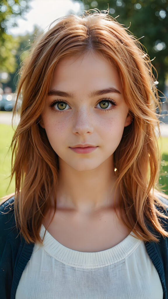 a beautiful young teen girl with amber hair and big saucer eyes looks sweetly into the camera