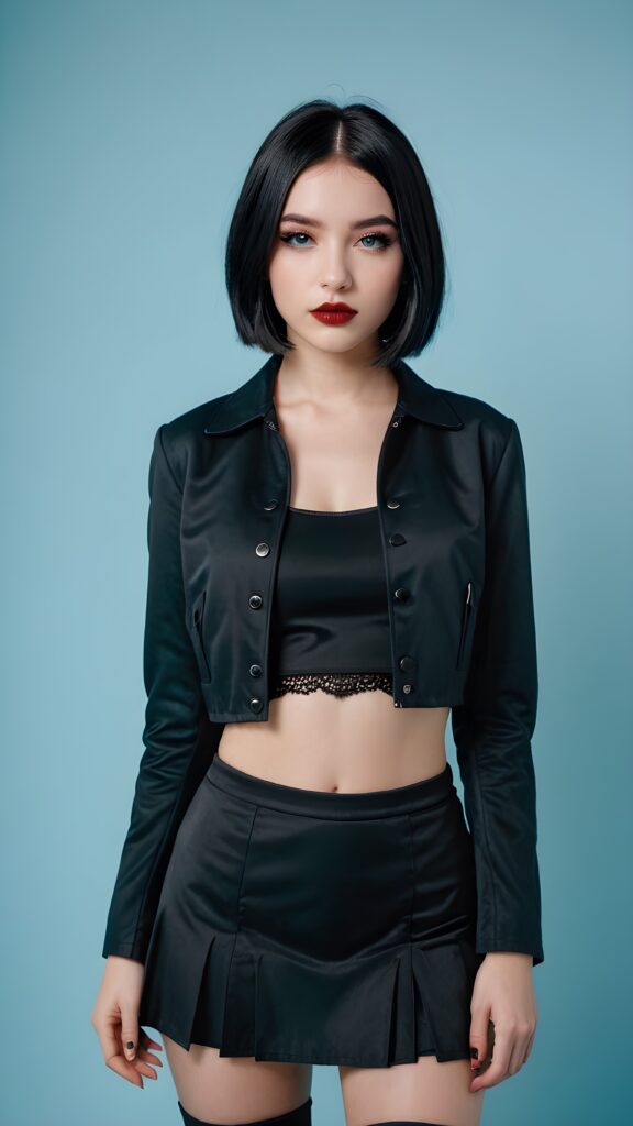 a beautiful young teen girl, dressed in black in a gothic style, black straight hair in a bob cut, wearing a dark short crop jacket. Black round short mini skirt. Awake, beautiful eyes. White makeup and deep red full lips ((full body portrait)) ((light blue background))