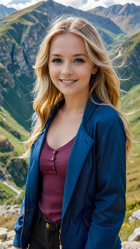 a beautiful you girl with long blonde hair and blue eyes, beautiful smile, she wears a blue jacket over the short tank top, her long hair slightly flows down her shoulders, she stands in a beautiful mountainous landscape