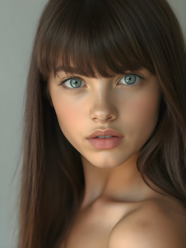 a beautiful young girl, ((jet soft straight hair, bangs frame her face)), ((full natural lips)), (((mouth slightly open))), ((seductive look)), glossy shiny tanned skin, (realistic shiny round light blue eyes), (((angelic face))), (perfect shadows), (light falls into the picture from the side, her hair reflect the light), (perfect curved body), she looks seductively at the viewer, (flawless skin), ((side view)) ((ultra realistic photo)) ((stunning)) ((gorgeous)) ((4k)) ((upper body)), all against a natural grey backsrop