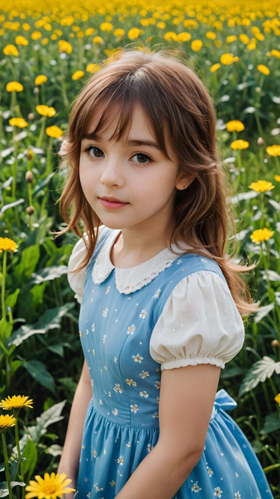 a beautiful young girl, in the yellow dandelion field, detailed face with rosy cheeks brown soft hair with bangs, in white and blue shade dress, full view