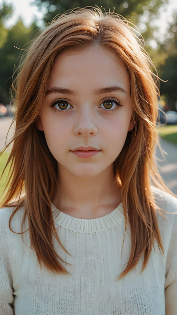 a beautiful young teen girl with amber hair and big saucer eyes looks sweetly into the camera