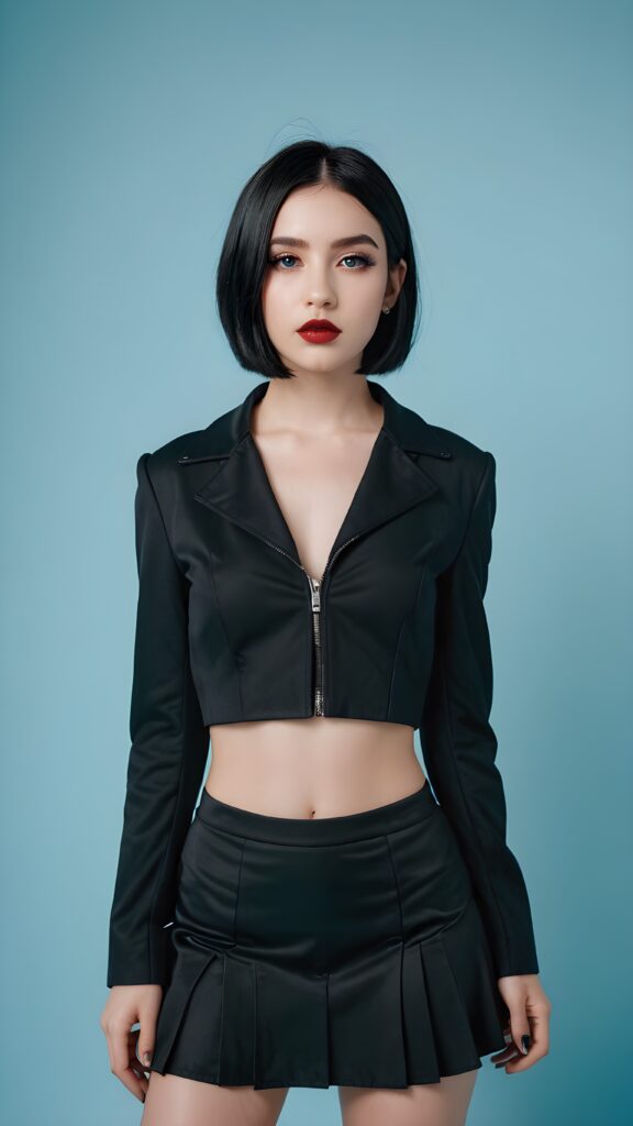 a beautiful young teen girl, dressed in black in a gothic style, black straight hair in a bob cut, wearing a dark short crop jacket. Black round short mini skirt. Awake, beautiful eyes. White makeup and deep red full lips ((full body portrait)) ((light blue background))