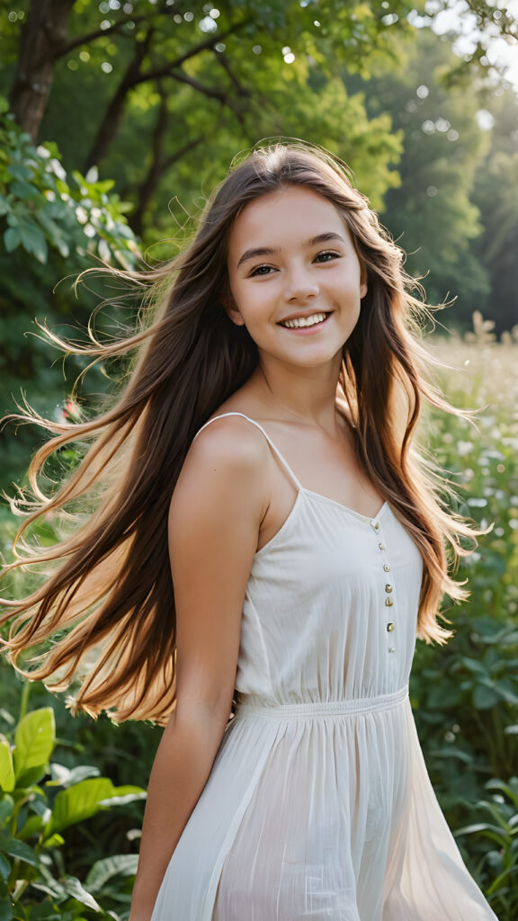 a beautiful young teen girl with straght, flowing long soft hair, in joy, summer and surrounded by nature