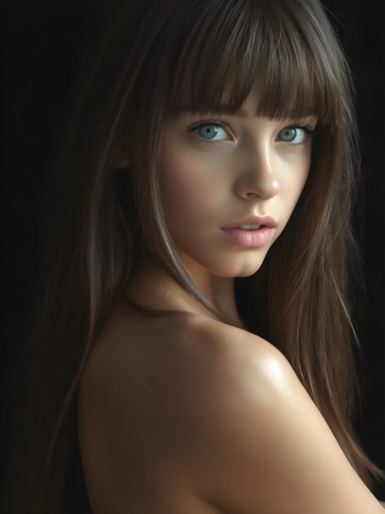 a beautiful young girl, 14 years old, ((jet soft straight hair, bangs frame her face)), ((full natural lips)), (((mouth slightly open))), ((seductive look)), glossy shiny tanned skin, (realistic shiny round light blue eyes), (((angelic face))), black background, (perfect shadows), (light falls into the picture from the side), (perfect curved body), she looks seductively at the viewer, (flawless skin), ((side view)) ((ultra realistic photo)) ((stunning)) ((gorgeous)) ((4k)) ((upper body)), all against a natural grey backtrop