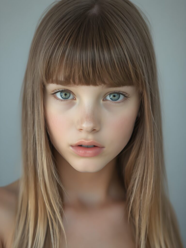 a beautiful young girl, 14 years old, ((jet soft straight hair, bangs frame her face)), ((full natural lips)), (((mouth slightly open))), ((seductive look)), glossy shiny tanned skin, (realistic shiny round light blue eyes), (((angelic face))), (perfect shadows), (light falls into the picture from the side, her hair reflect the light), (perfect curved body), she looks seductively at the viewer, (flawless skin), ((side view)) ((ultra realistic photo)) ((stunning)) ((gorgeous)) ((4k)) ((upper body)), all against a natural grey backsrop