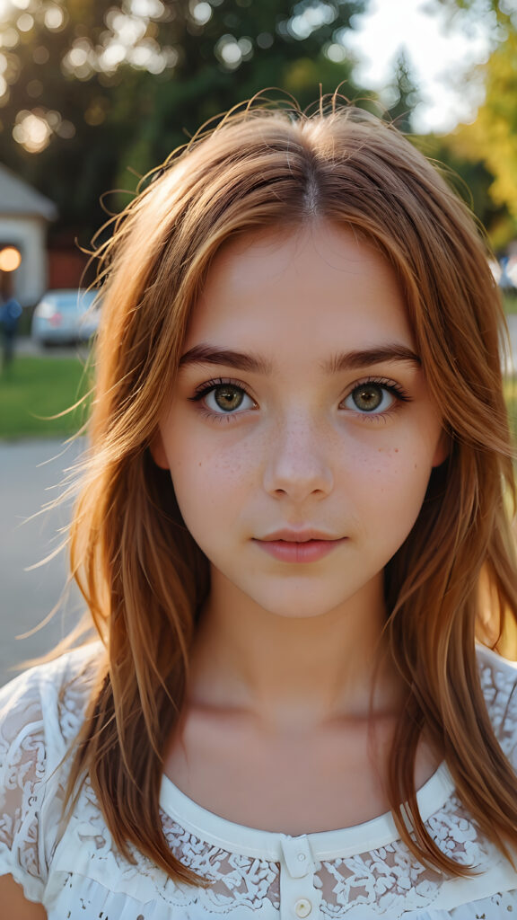 a beautiful young teen girl with amber hair and big saucer eyes looks sweetly into the camera