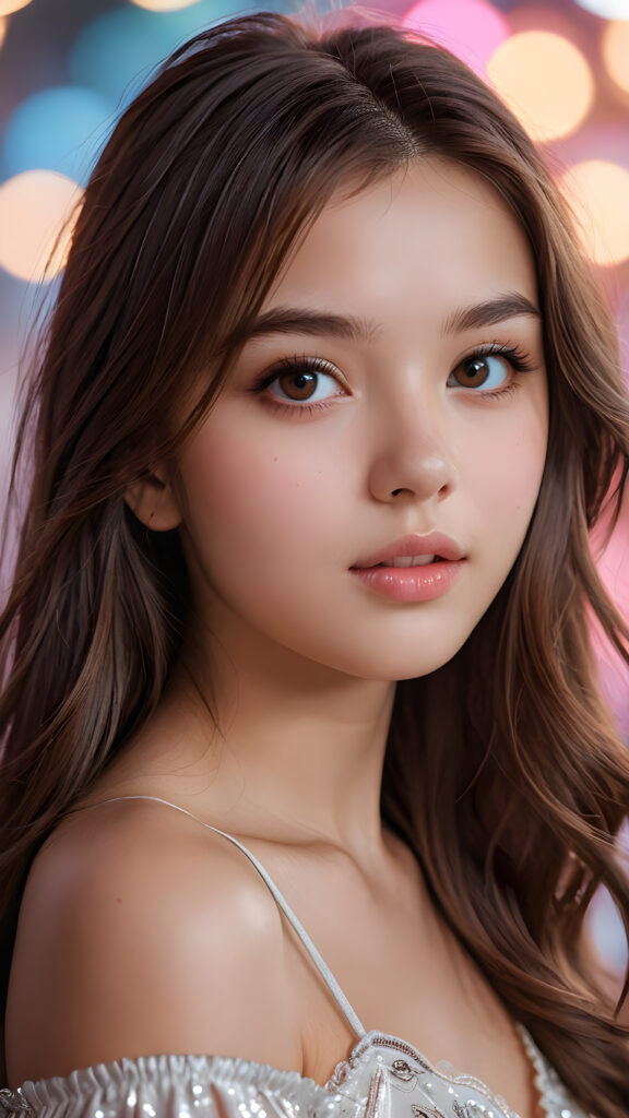 a (((beautifully drawn advanced concept portrait))) of a young teen girl with long, straight brown hair that cascades down to frame her face, capturing a sense of seduction as she looks at the viewer with big, shiny eyes and a slightly opened mouth, revealing full, pink lips against silvery skin that radiates an otherworldly glow, from the side, highlighting her upper body as the backdrop