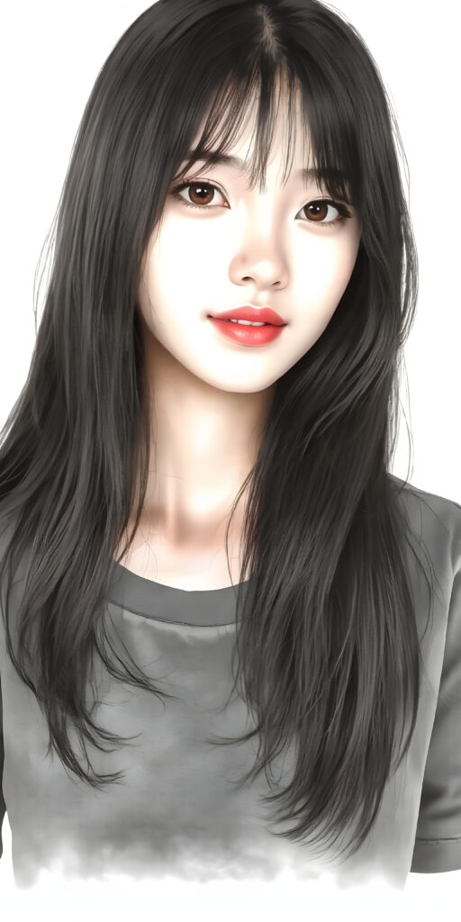 (((a beautifully hand drawing, realistic alcohol ink))) (((full body photo))), capturing a young ((Asian teen girl)) with an realistic looking (((black thick, straight soft hair))), (realistic looking eyes) that convey a sense of warmth and vitality, dressed in a soft, ((black t-shirt)), that complements her natural-toned figure, embodying a youthful, innocent yet (mature) beauty that exudes confidence and allure. (grey backdrop)