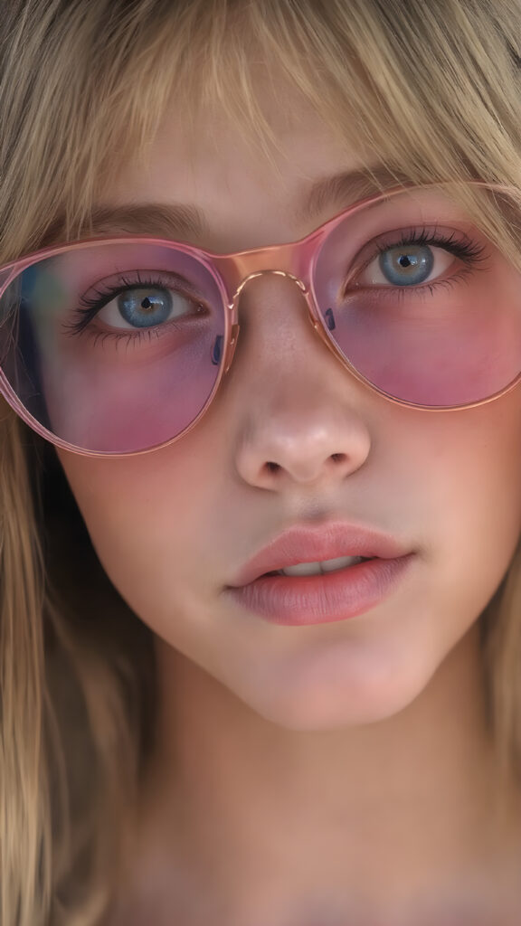 a (((beautifully drawn close-up portrait))), featuring a (((woman with a fair complexion))) and (((long, straight hair))) that captures the essence of an (((Ultra High Definition, 8K image))), blending in intricate details such as (((freckles))), (((vividly colored lips))), and (((extra tall, fluffy eyelashes))), with a (((psychedelic-inspired makeup look))) that complements her (((perfectly drawn face))) and (((brightly colored, eyepopping sunglasses))) that give off a (((fun, dreamy glow))) A (((lively and playful expression))) that exudes joy and creativity, perfectly framed by her (((ethereal, glowing skin))), and (((big, iridescent eyes))), that draw you in for an intimate close-up shot (((Full body view))) with a (((warm, sunset-tinged color palette))), and (((highly detailed, hyper realistic skin))), that suggests a (((dreamlike, fantasy world))) where creativity and imagination reign supreme.