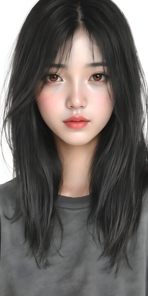 (((a beautifully hand drawing, realistic alcohol ink))) (((full body photo))), capturing a young ((Asian teen girl)) with an realistic looking (((black thick, straight soft hair))), (realistic looking eyes) that convey a sense of warmth and vitality, dressed in a soft, ((black t-shirt)), that complements her natural-toned figure, embodying a youthful, innocent yet (mature) beauty that exudes confidence and allure. (grey backdrop)