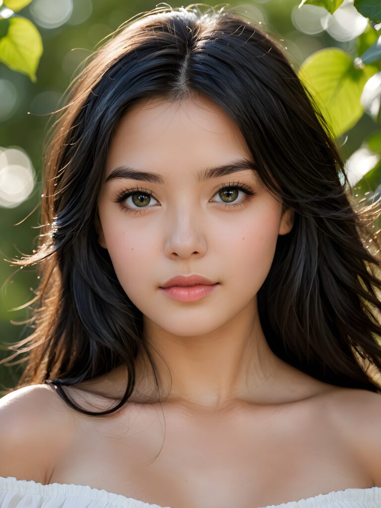 a (((beautifully drawn portrait))), featuring a young teen girl with long, flowing (((layered face framing black hair))), her skin is flawlessly smooth, with porcelain complexion and delicate features, including a small nose and rosy cheeks. Her eyes sparkle with an air of intrigue, reflecting a hint of light that adds a playful dimension to her expression. Overall, she conveys a sense of seduction and sensuality, with full, kissable lips and a subtly opened mouth, she is wearing a thin crop top that support her perfect body